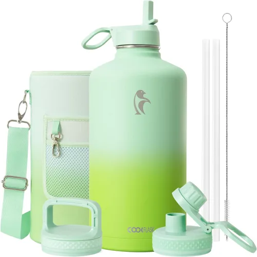 Vista 109 de Coolflask Botella de agua de 20 onzas aislada con pajilla, 3 tapas de metal de acero inoxidable, botella de agua de boca ancha para deportes u