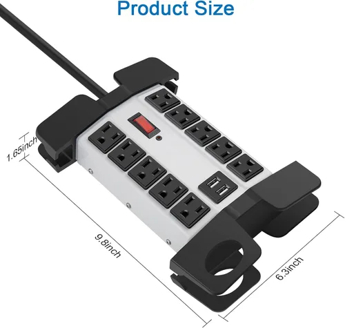 Vista 7 de CCCEI Regleta de alimentación resistente con puertos USB, 10 salidas para garaje, protector de sobretensiones de 2700 julios, metal para taller Gris