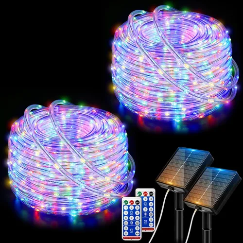 Vista 8 de Ollny Cuerda de luces solares para exteriores, 33 pies, 100 luces LED de color blanco cálido con control remoto, 8 modos de luz impermeable