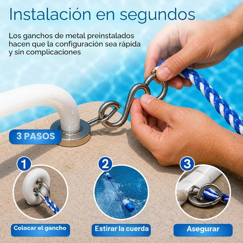 Vista 3 de Cuerda de seguridad para piscina - Divisor de carril flotante - 20 pies - Nylon 8 High Visibility Floats, Stainless Steel Hooks, Adjustable