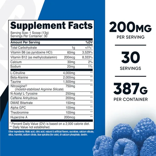 Vista 2 de Nutricost Polvo de pre-entrenamiento complejo (30 porciones, frambuesa azul) - Suplemento pre-entrenamiento con beta-alanina, taurina y aminoácidos