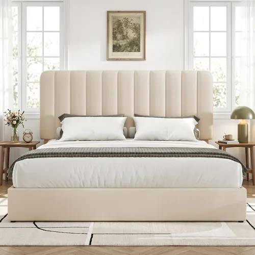 Vista 5 de VECELO Base de cama tapizada de tamaño matrimonial con 4 cajones y cabecero, plataforma de terciopelo, soporte de listones de madera, no necesita