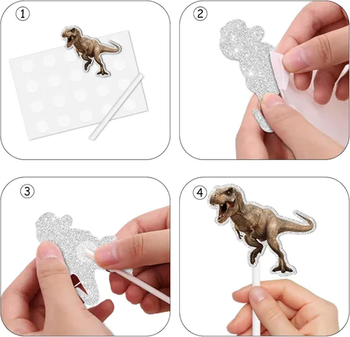 Vista 4 de Decoración para cupcakes de postre de dinosaurio Rex con brillantina, rugido, dinosaurio, safari, selva, temática de animales, decoración para niñas