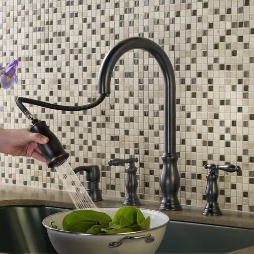 Vista 8 de Pfister Hanover - Grifo de cocina con rociador desplegable y dispensador de jabón, 2 mangos, 4 agujeros, arco alto, acabado en bronce toscano