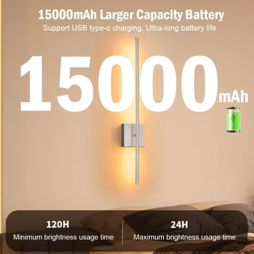 Vista 5 de Juego de 2 apliques de pared con pilas de 15000 mAh, apliques de pared recargables USB de níquel cepillo, apliques de pared inalámbricos regulables