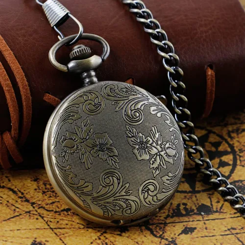 Vista 3 de Both Sides - Reloj de bolsillo de cuarzo tallado en bronce con movimiento de cuarzo, reloj de bolsillo de cuarzo con clip de cadena para hombre