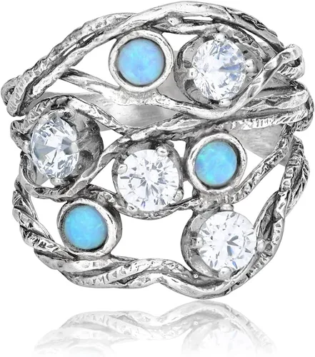 Vista 3 de Anillo de plata de ley 925 con 3 ópalo redondo azul y 4 circonitas cúbicas redondas blancas, aspecto vintage bohemio, hipoalergénico, sin níquel ni