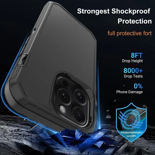 Vista 2 de Funda para iPhone 15 Pro Max con 2 protectores de pantalla, protección contra caídas a prueba de golpes, cuerpo completo, resistente, 3 capas, Negro