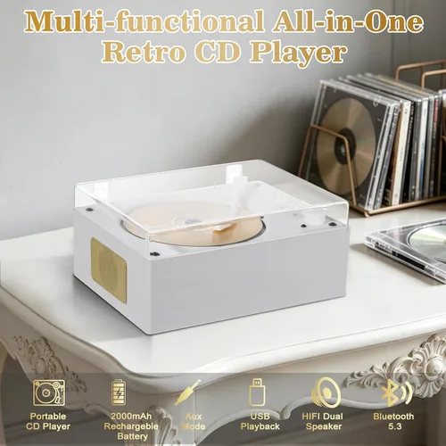 Vista 2 de CD Player with Bluetooth 5.3, Wood Grain CD Player for Home, Retro Desktop Music Player, Dual HI-FI Speakers with Remote Control