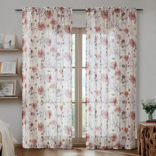 Vista 17 de Cortinas Transparentes Arrugadas de 96 Pulgadas de Largo 2 Paneles, Cortinas Florales Transparentes con Diseño Impreso para Sala de Estar