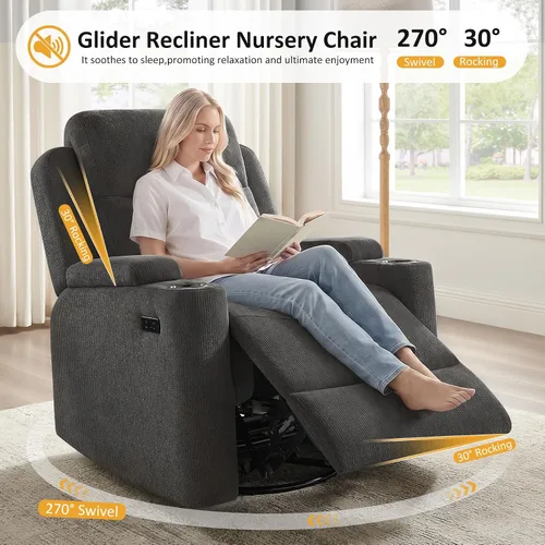 Vista 6 de Silla mecedora Power Nursery Glider, cómoda chenilla gris Gris oscuro