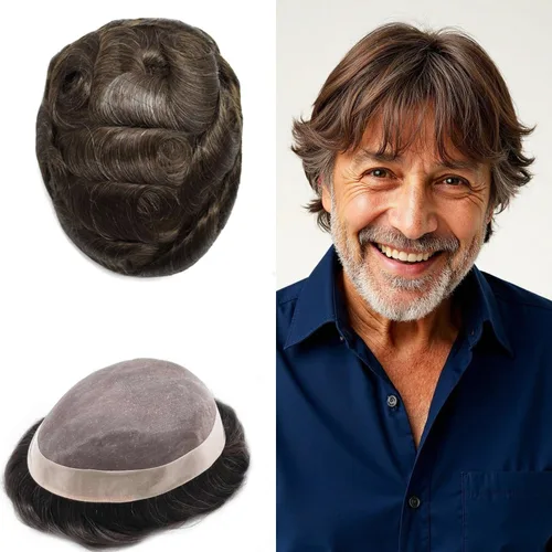 Vista 45 de Mens Toupee Hair Piece Real Human Hair Fine Mono Toupee para hombres Sistema de reemplazo de cabello para hombre Postizo Protesis Capilar Para