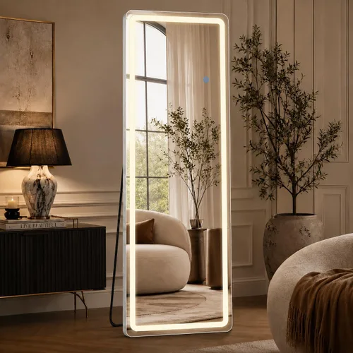 Vista 9 de Espejo arqueado de longitud completa de 71 x 26 pulgadas con luces LED, espejo de suelo con soporte, espejo de pared de longitud completa, espejo
