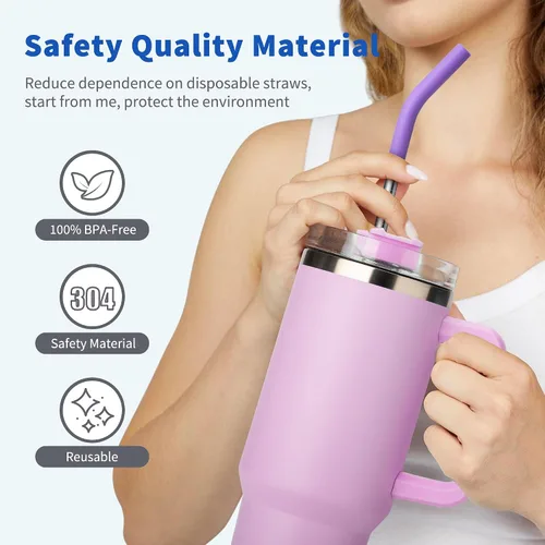 Vista 6 de Pajitas de metal con puntas de silicona para vaso Stanley de 30 onzas, popotes reutilizables de acero inoxidable con cubierta para popote para vaso