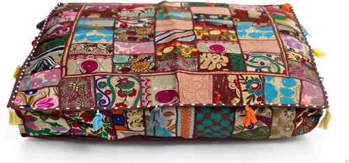 Vista 25 de CRAFT KALA Funda de Puf Tradicional de Retazos Cuadrada India Pufs de Sala de Estar India Otomana de Diseñador Bordada Decorativa Hogar Vida Rosa