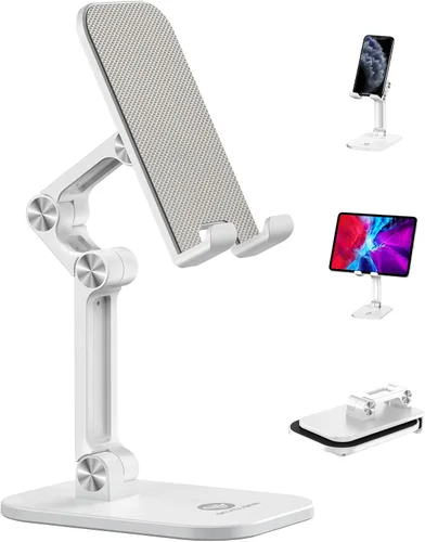 Vista 12 de Soporte para teléfono OCYCLONE, soporte para celular plegable con altura y ángulo ajustables para escritorio, soporte para iPhone más alto Beige