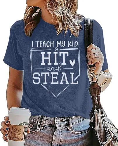 Vista 2 de VILOVE Camiseta de béisbol con texto en inglés "I Teach My Kids to Hit and Steal", camiseta de béisbol para mamá, camiseta de béisbol con corazón