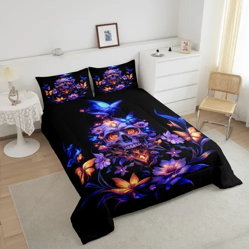Vista 4 de Erosebridal Juego de ropa de cama de calavera gótica, flores mandala, mariposa hippie para niñas y niños, edredón de esqueleto de la muerte de Negro