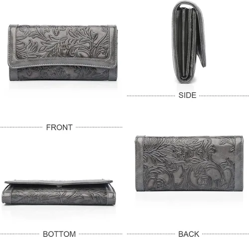 Vista 14 de MEITRUE Cartera de cuero para mujer, con bloqueo RFID, triple pliegue, con relieve, soporte para tarjetas, organizador de chequera para teléfono