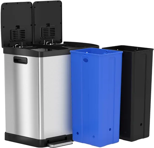 Vista 5 de iTouchless SoftStep Bote con cubos de basura y de reciclaje, 16 gal., sistema doble de control de olor, acero inoxidable, 2 cubos extraíbles
