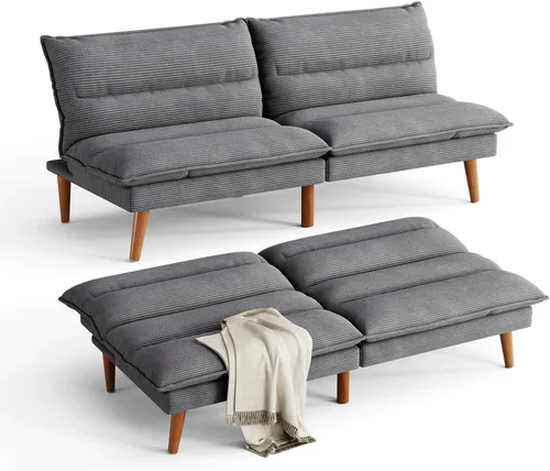 Vista 8 de LINSY Sofá cama futón de pana de 71 pulgadas con respaldo ajustable, futones plegables convertibles para espacios pequeños, salas de estar Beige