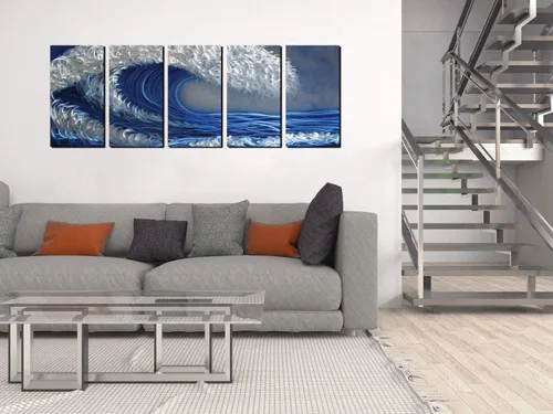 Vista 2 de Arte de pared de metal oceánico, arte abstracto de metal hecho a mano, arte de pared azul y plateado a gran escala, pintura de aluminio 3D única