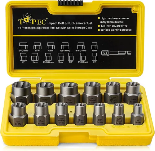 Vista 10 de Topec Juego de extractor de pernos de alta resistencia de 5 piezas, juego de extractor de impacto de 1/2 pulgada, kit de herramientas perfecto