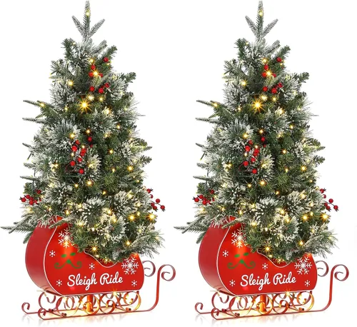 Vista 10 de GarveeHome Mini árbol de Navidad artificial preiluminado de 3 pies para mesa, árbol de Navidad con 85 luces LED blancas cálidas, base de bolsa