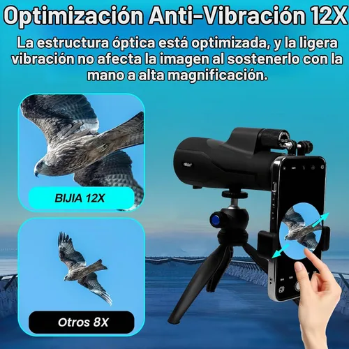 Vista 2 de BIJIA Telescopio monocular ED de 12 x 52 con trípode y adaptador de teléfono, prisma BAK4, lente totalmente multicapa, alcance impermeable de alta