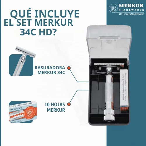 Vista 2 de MERKUR Juego de maquinilla de afeitar de seguridad clásica resistente de mango corto 34C con 10 cuchillas en una caja Cromo