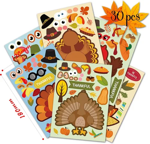 Vista 2 de Pegatinas de pavo de Acción de Gracias para niños, recuerdos de fiesta de 30 piezas Turquía
