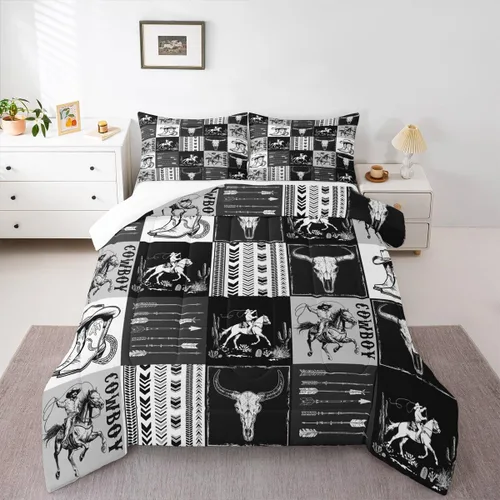 Vista 7 de Manfei Juego de edredón de vaquero occidental tamaño individual, juego de ropa de cama con estampado de calavera de toro, caballo y flecha, 2 piezas