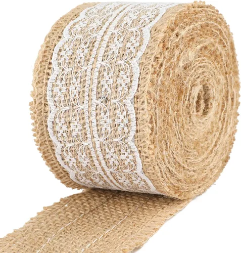 Vista 5 de jijAcraft Rollo de cinta de arpillera de yute natural, 2.4 pulgadas x 5.5 yardas, cinta de arpillera de encaje blanco rústico para manualidades