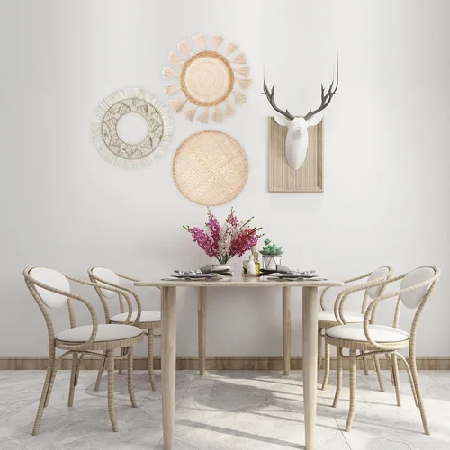 Vista 4 de LOCS MICRAI Juego de 3 cestas de pared bohemias, cesta tejida plana, decoración para colgar en la pared, borlas redondas, tapiz de macramé blanco