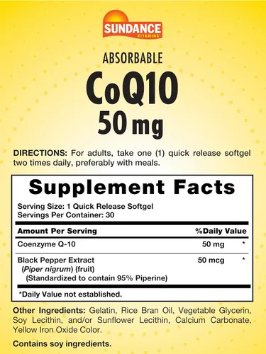 Vista 2 de Sundance Cápsulas blandas CoQ10 de 50 mg 30 unidades Suplemento sin OMG y sin gluten