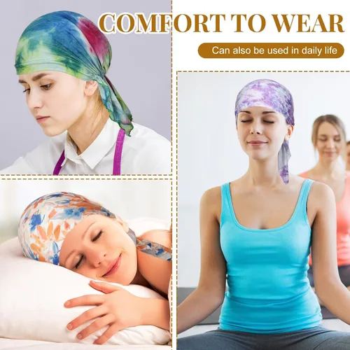 Vista 5 de Geyoga 6 unidades de bufanda para la cabeza para mujer, bufandas preatadas, gorros, gorros, con estampado elástico, para dormir, turbante, bufanda