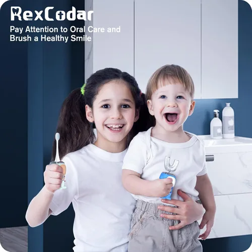 Vista 7 de RexCodar Cepillo de dientes eléctrico ultrasónico en forma de U para niños, IPX7 impermeable, cinco modos de limpieza, astronauta de dibujos