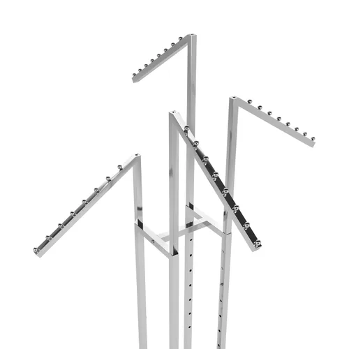 Vista 3 de Perchero para ropa resistente de cromo con 4 brazos rectos ajustables, tubos cuadrados, ideales para exhibir ropa en tiendas