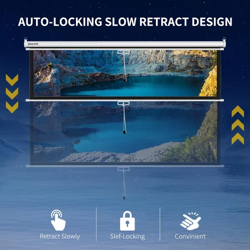 Vista 5 de WASJOYE Pantalla de proyector de 84 pulgadas manual desplegable – Pantalla de proyección retráctil HD 16:9 con bloqueo automático – Pantalla