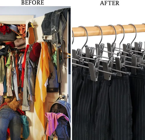 Vista 7 de Paquete de 30 perchas de alambre de metal negro y gris para pantalones, faldas y pantalones con clips, 13.8 pulgadas, resistentes y duraderas