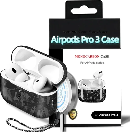 Vista 9 de MONOCARBON Funda de fibra de carbono forjada real para AirPods Pro 3, cubierta dura protectora delgada con cordón, compatible con MagSafe