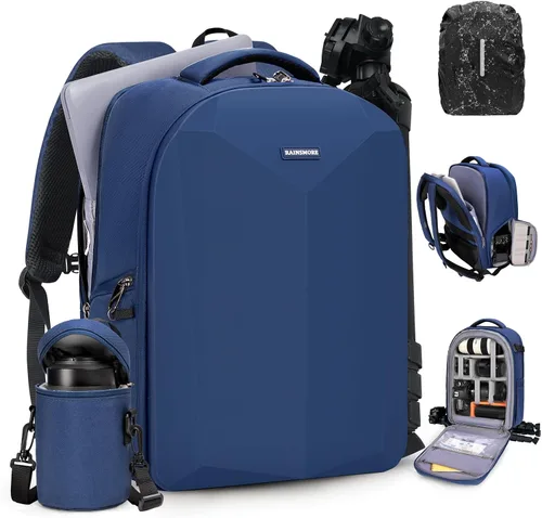 Vista 10 de RAINSMORE Mochila para cámara de carcasa dura para DSLR/SLR, bolsa impermeable para cámara con compartimento para laptop de 15.6 pulgadas, estuche