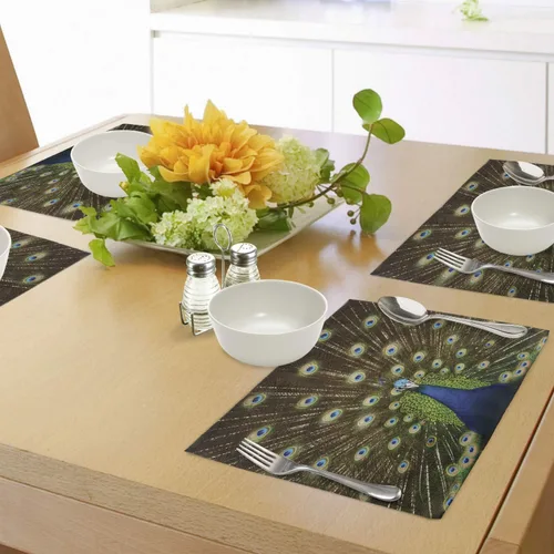 Vista 4 de Ambesonne - Juego de 4 individuales con diseño de retrato de pavo real y sus plumas desplegadas en colores intensos en jardín de verano, hechos