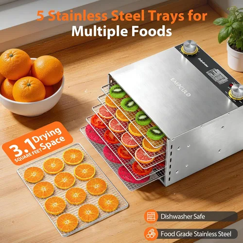 Vista 8 de Deshidratador de alimentos, 5 bandejas de acero inoxidable, temperatura de Plateado
