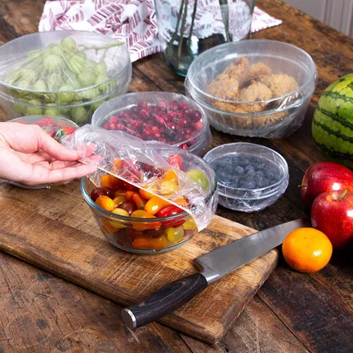 Vista 3 de Fundas elásticas para almacenamiento de alimentos, 60 fundas de plástico reutilizables para tazones, ajustables, transparentes, 4 tamaños