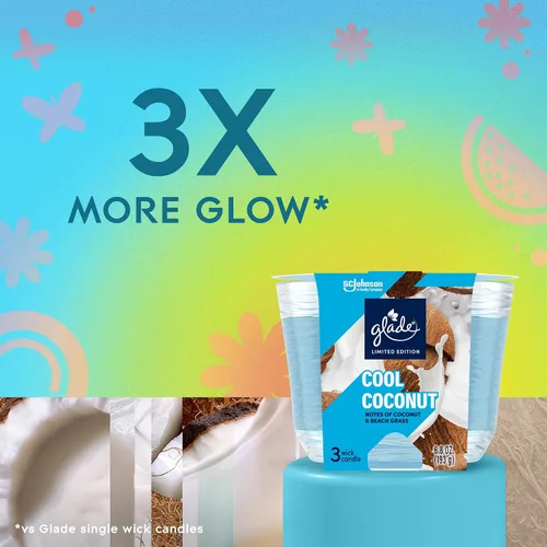 Vista 3 de Glade Vela de 3 mechas, edición limitada Cool Coco, fragancia infundida con aceites esenciales, 6.8 onzas