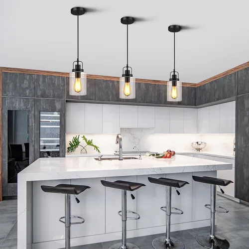 Vista 5 de Lámpara colgante de granja, luces colgantes rústicas negras para isla de cocina, iluminación de techo colgante industrial sobre mesa con pantalla