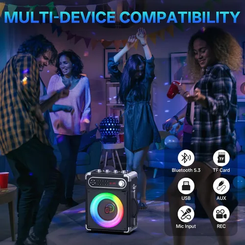 Vista 12 de JYX - Máquina de karaoke con dos micrófonos inalámbricos, altavoz Bluetooth portátil con ajuste de graves/agudos, sistema de PA con control remoto