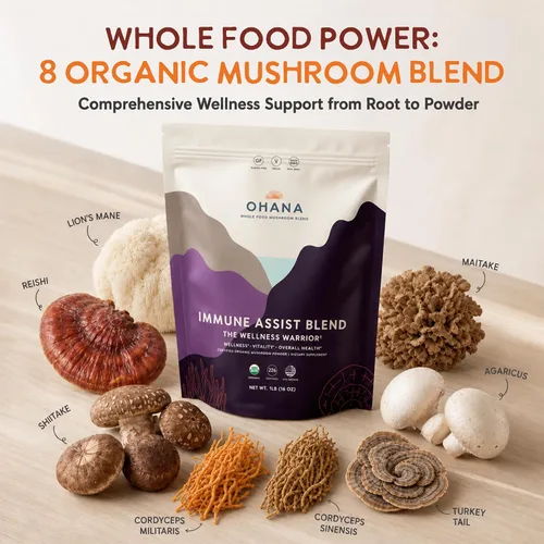 Vista 2 de Ohana Immune Assist Blend, polvo orgánico de hongos integrales USDA, mezcla de 8 hongos cultivados en Estados Unidos, ideal para energía, inmunidad