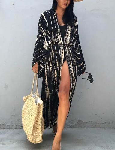Vista 5 de Cárdigan largo tipo kimono con cinturón para mujer, con parte delantera abierta, teñido anudado